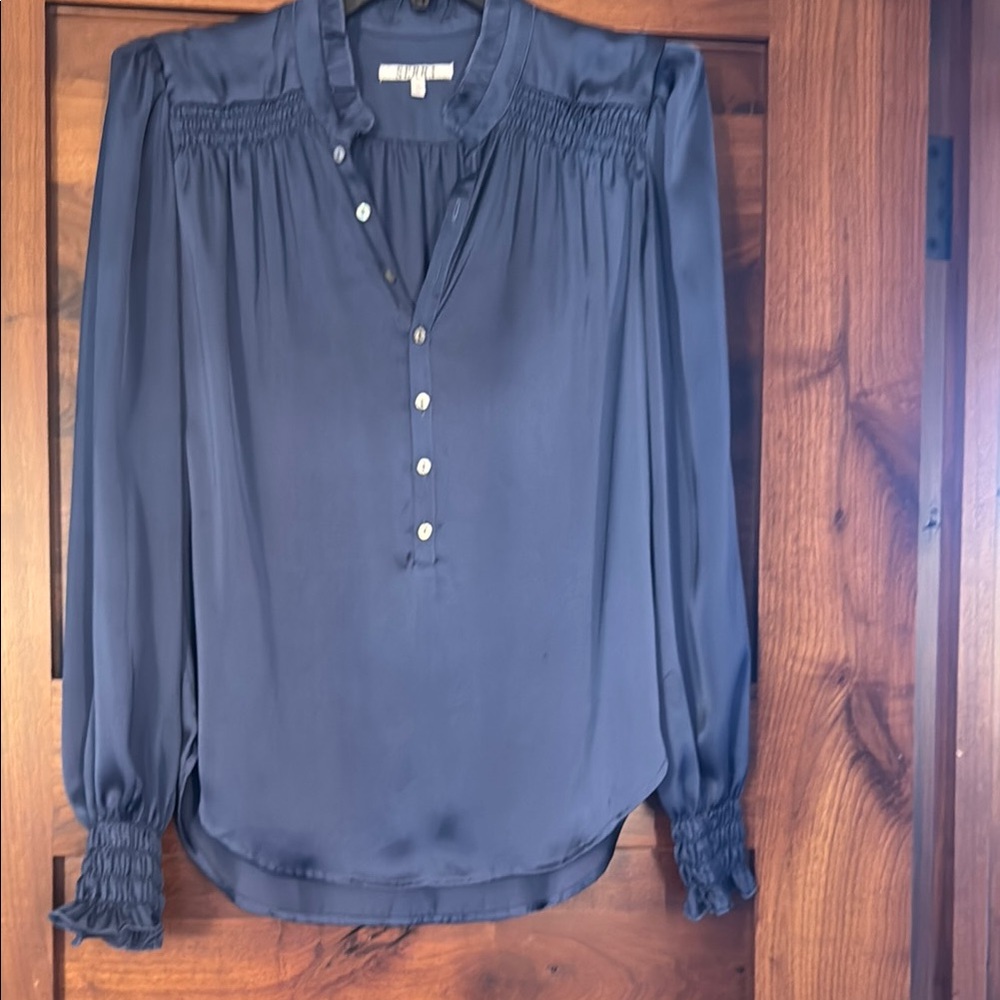 Navy Blue Smocked Blouse with Mandarin Collar
